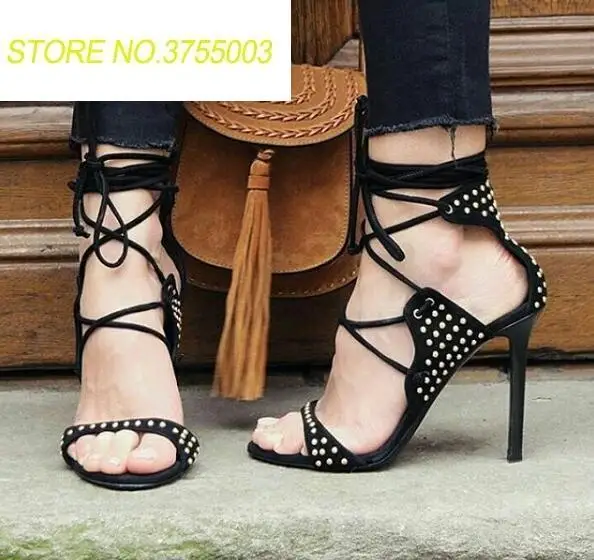 

2018 Summer Sexy Lace Up Ladies High Heels New Fashion Gold Studs Cover Women Open Toe Sandals Cutout Style Female Dress Shoes