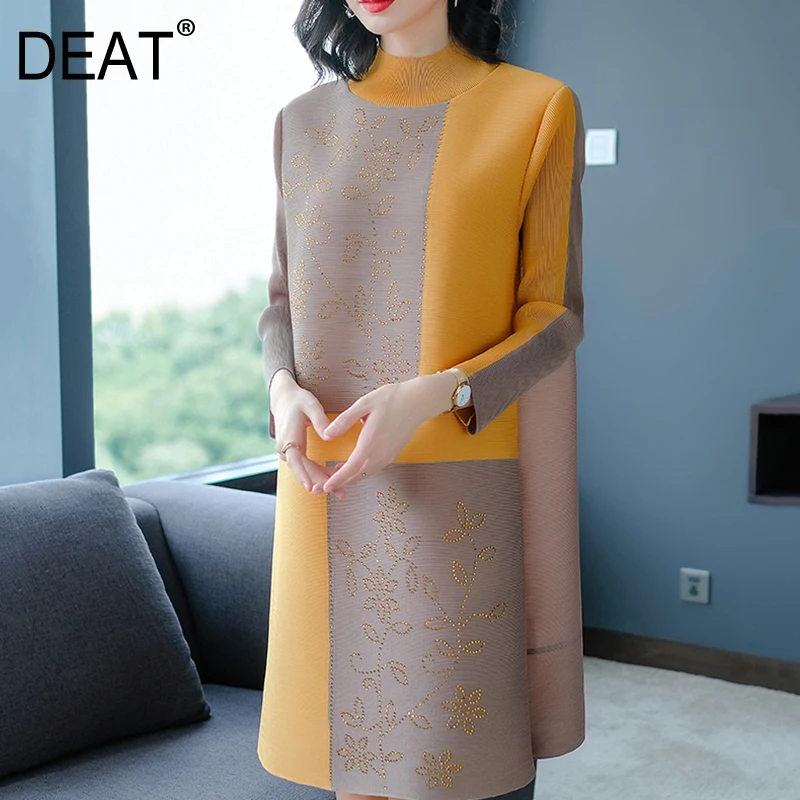 

[DEAT] 2019 New Fashion Women Pleated Loose Dress Patchwork Full Sleeve Turtleneck Knee Length Casual Dresses Robe Femme NA938
