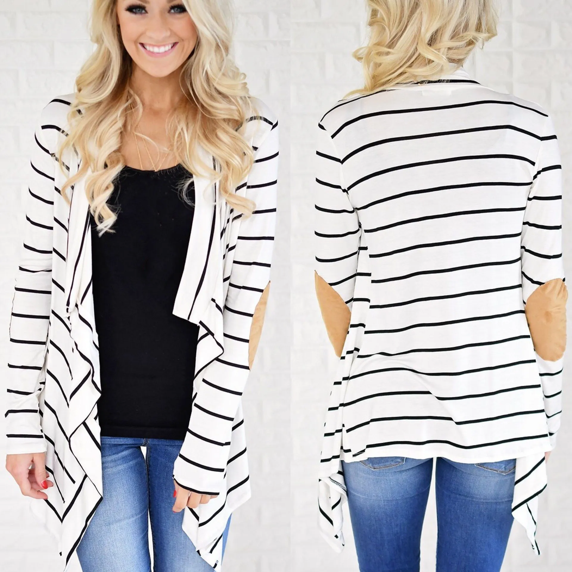 

New Arrival Ladies Long Sleeve Thin Coats Asymmetric White/Black Stripe Jackets Spring Autumn Casual Cotton Outerwear