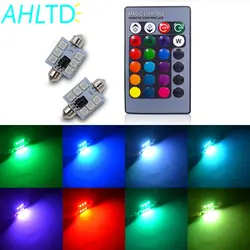 2X RGB СИД автомобиля 5050 6SMD ламповая гирлянда c5w потолочный плафон автомобиль авто Дистанционное управление красочные лампа для чтения