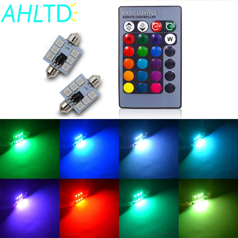 

2X RGB Car Led 5050 6SMD Festoon Light c5w Dome Light Auto mobile Auto Remote Controlled Colorful Reading Lamp Roof trunk Bulbs