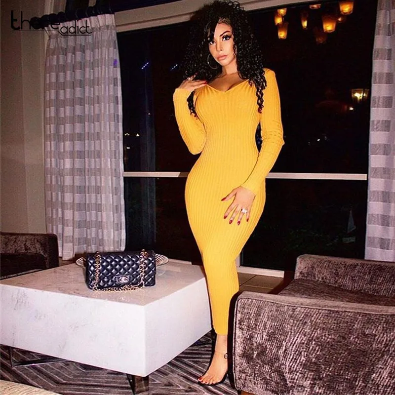 

Long Sleeve Long V-neck Sweater Dress Women Autumn Winter Sheath Dress Slim Female Jumper Female Thick Knitted Dress