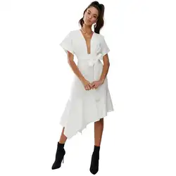 MINSUNDA белые пикантные глубоким v-образным вырезом Вечерние Платье Для женщин летние пояс с бантом миди платья Асимметричный Подол