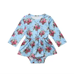 Для новорожденных девочек Костюмы оборками милый осень Цветочный комбинезон с длинными рукавами Повседневная одежда маленькая девочка 0-24