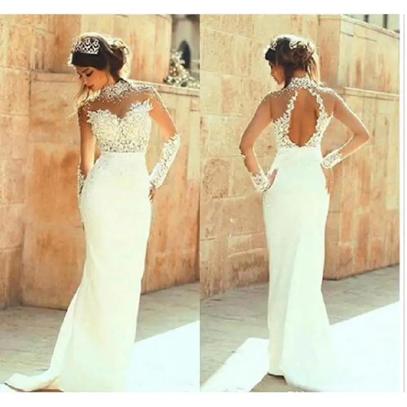 

Modest Long Sleeve Wedding Dresses Mermaid 2019 vestido de novia Open Back Bridal Gowns Sheer Handmade trouwjurk
