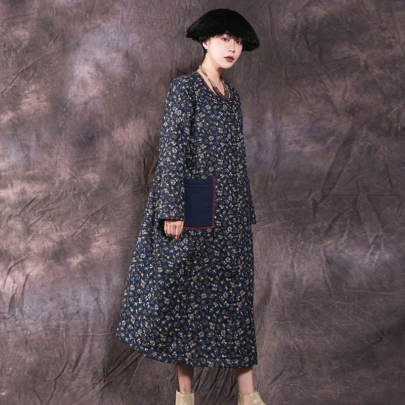 

Johnature Women Print Floral Dress 2019 Autumn Winter New Vintage Cotton Linen Thick Warm Robes Patchwork Pockets Loose Dresses