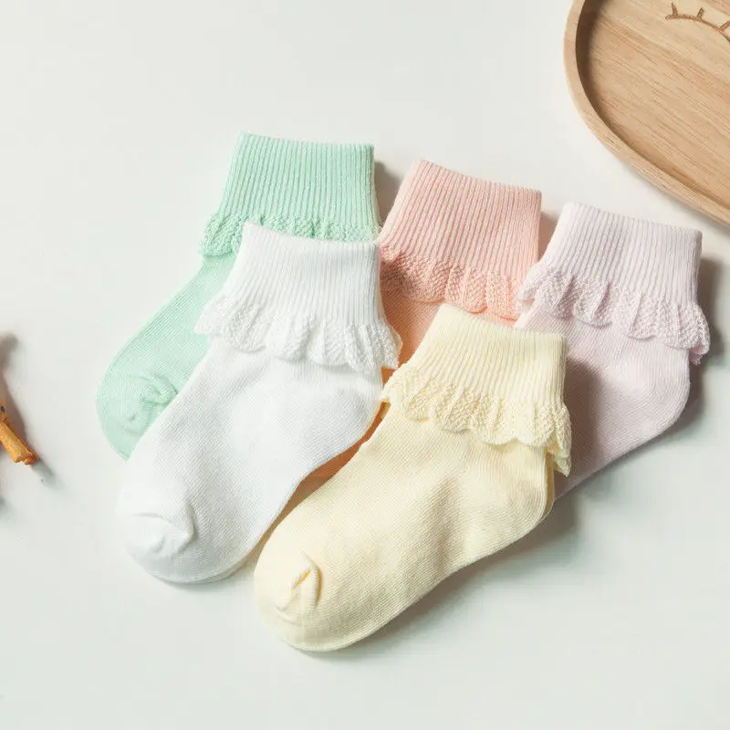 5 Pairs Muti Color Infant Baby Lace Patchwork Socks Non Skid with Grip