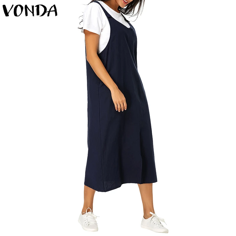 VONDA النساء خمر القطن اللباس 2019 الصيف الخريف السيدات عارضة فضفاض V الرقبة أكمام منتصف العجل سبليت جيوب الصلبة vestidos
