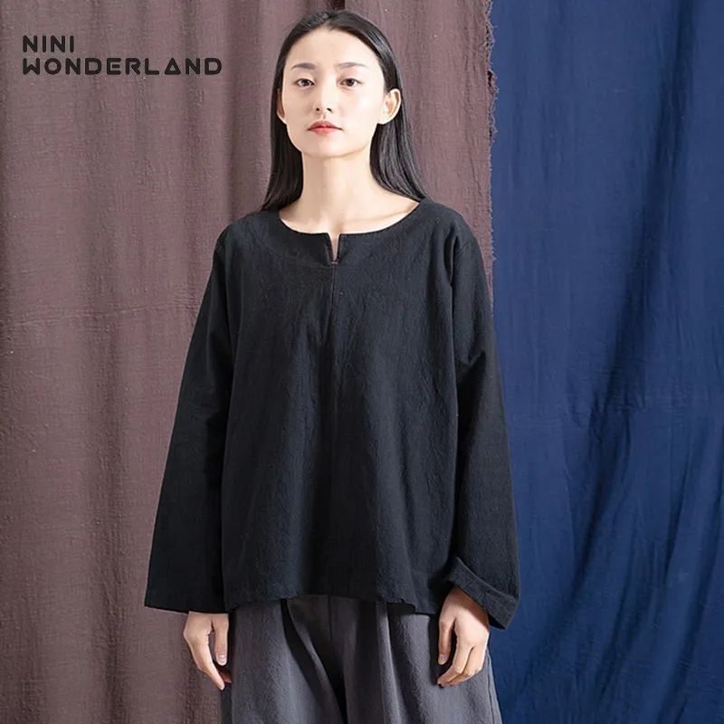 

NINI WONDERLAND Spring Cotton T Shirt Women Solid Color Cotton Tops Female Loose Chinese Style Casual T-shirt New 2019 Clothing