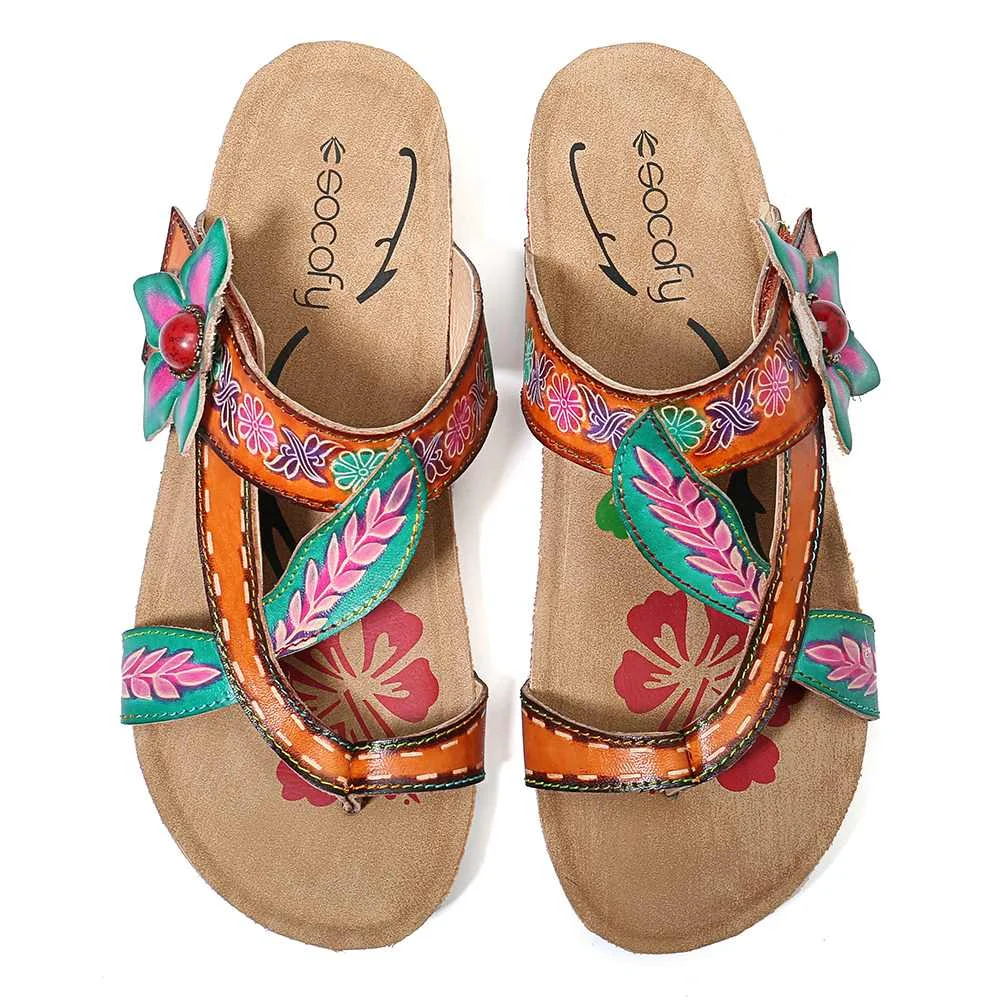  SOCOFY Hand Painted Genuine Leather Splicing Retro Gems Floral Adjustable Hook Loop Sandals Summer 