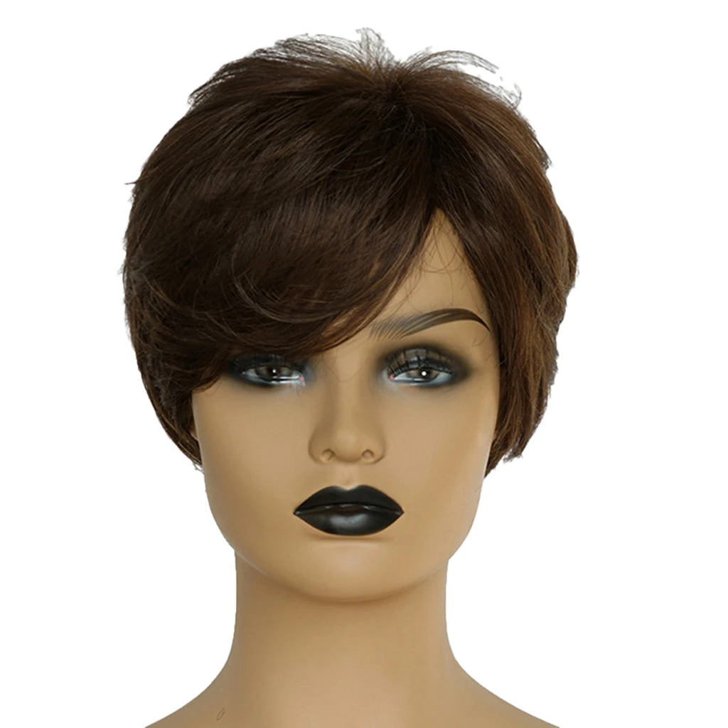 8'' Natural Short Straight Wigs Human Hair Pixie Cut Wig for Women w/ Side Bangs Brown