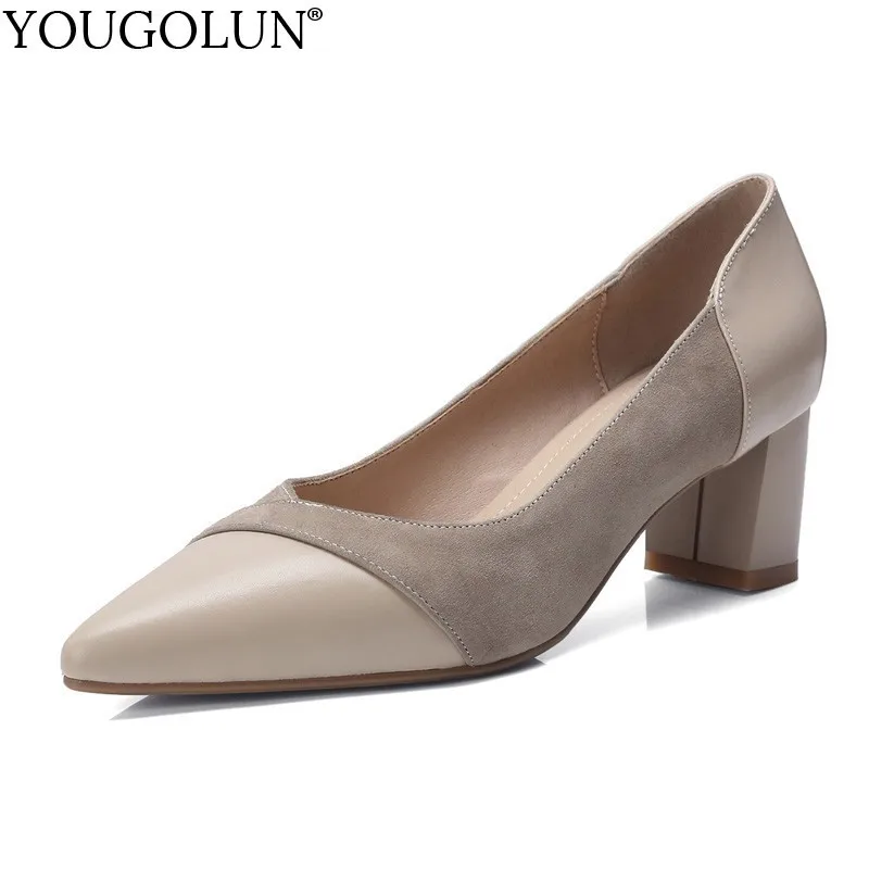 

YOUGOLUN High Heels Genuine Leather Women New Style Black Beige Lady Party Shoes Fashion Stitching Woman Pointed Toe Pumps B313