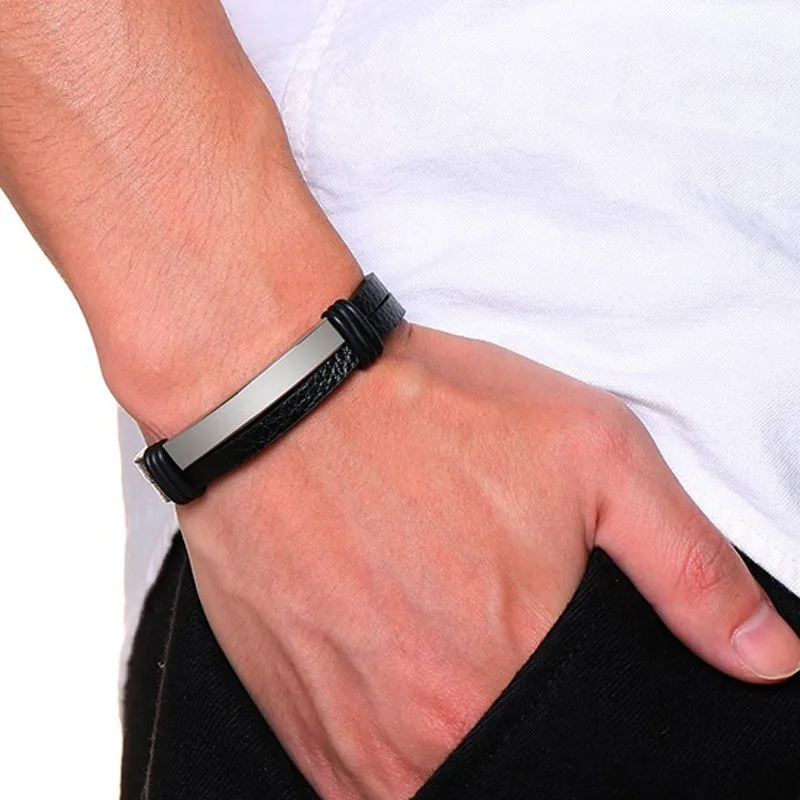 

Mens Leather Bracelet Flat Thin Minimalist Black Double Chain Link Wrap Wrist For His Jewelry