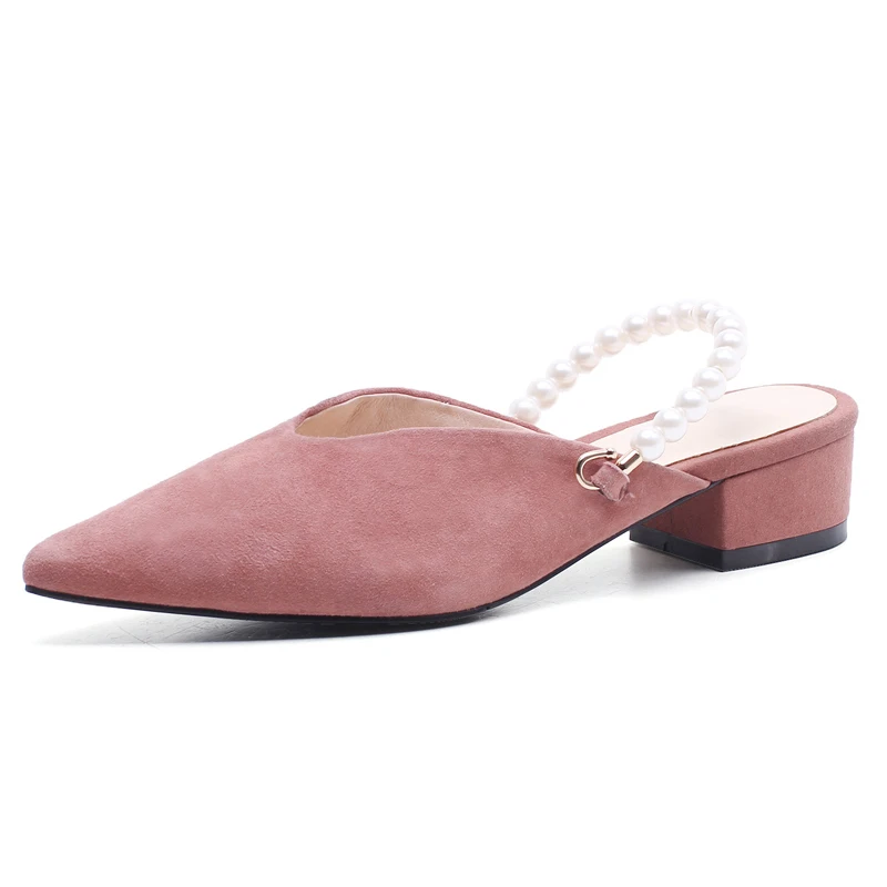 

Women's Genuine Leather Pearls Mules 4 CM Chunky Heels Sexy Pointed-toe Slippers Summer Style Woman Shoe Box packing 1928