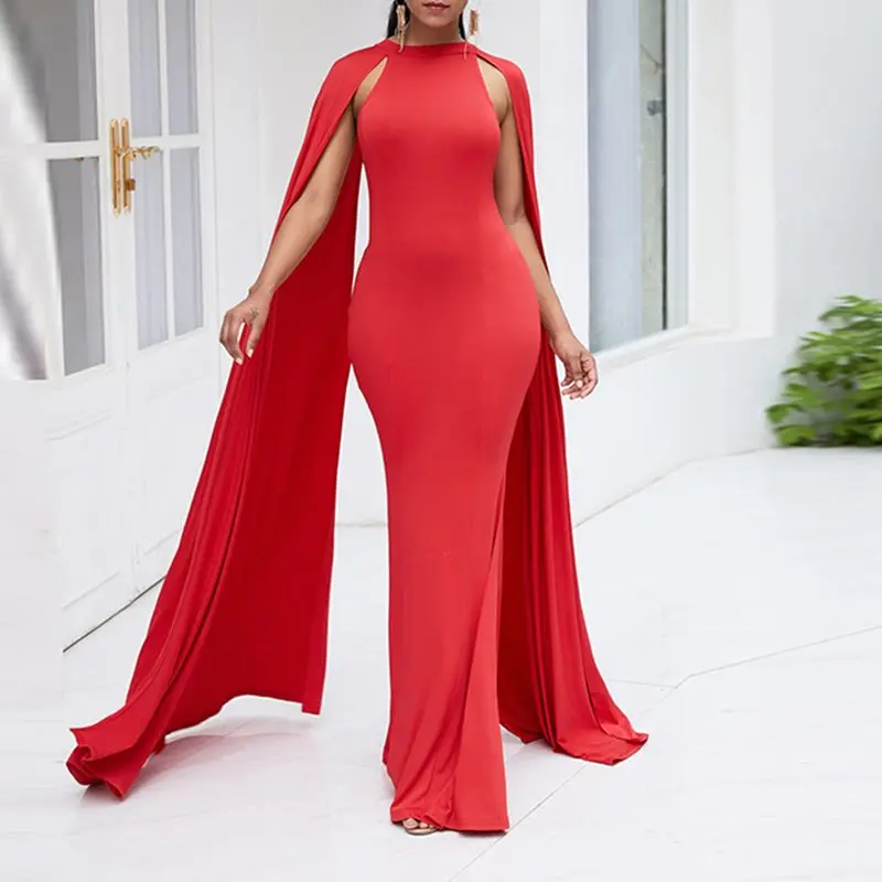 

Elegant Party Sexy Club Punk Retro Women Long Pencil Dresses Casual OL Red Bodycon Cap Sleeve Zipper Solid Female Maxi Dress