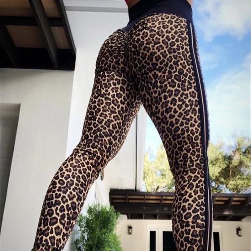 

Women Sexy Leopard Printed Leggings High Elastic Push Up Fitness Yogo Workout Leggins Polyester Spring Side Striped Skinny Pants