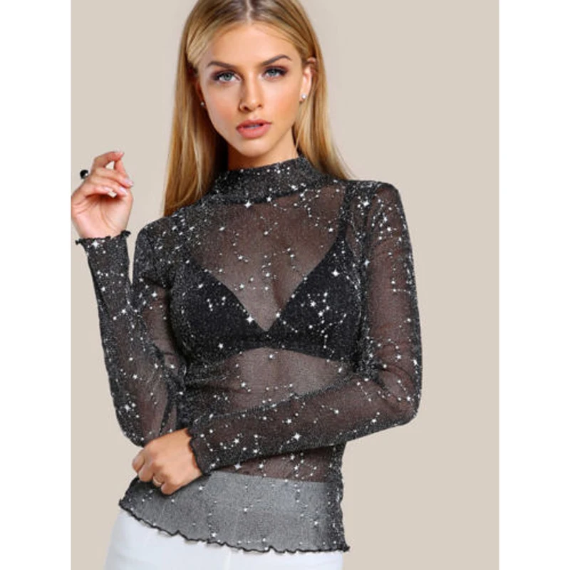 

Women tshirt Black Sexy See Through Look Sheer Mesh Long Sleeves High Neck Slim T-Shirt Tops Solid Clubwear Tee Shirt Femme