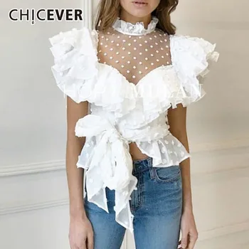 

CHICEVER 2020 Spring Polka Dot White Blouses Tops Female Shirts Stand Collar Butterfly Sleeve Lace Bandage Chiffon Blouse Women