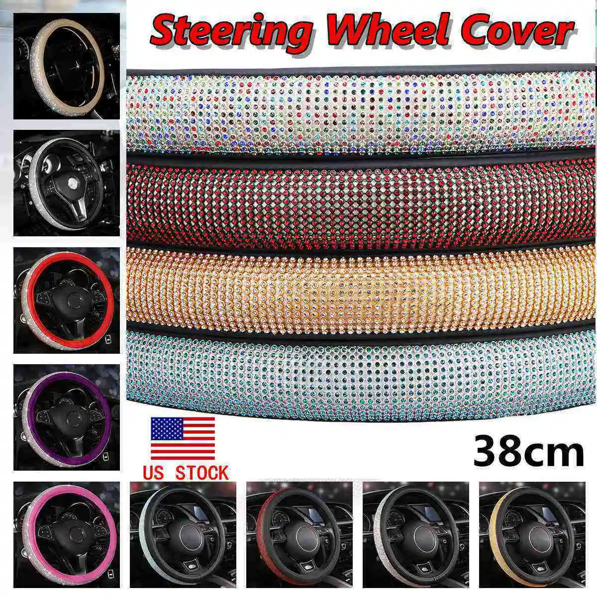 

Leather Car Auto Steering Wheel Cover With Crystal Rhinestone for Women Girls Interior Accessories 15 38cm