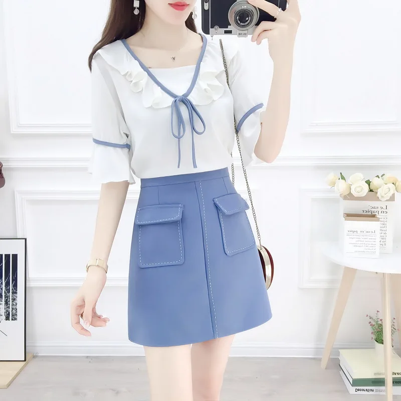 

Korean fashion lady skirt chiffon white top & pocket skirts two-piece black fungus student outfit vestidos summer clothes