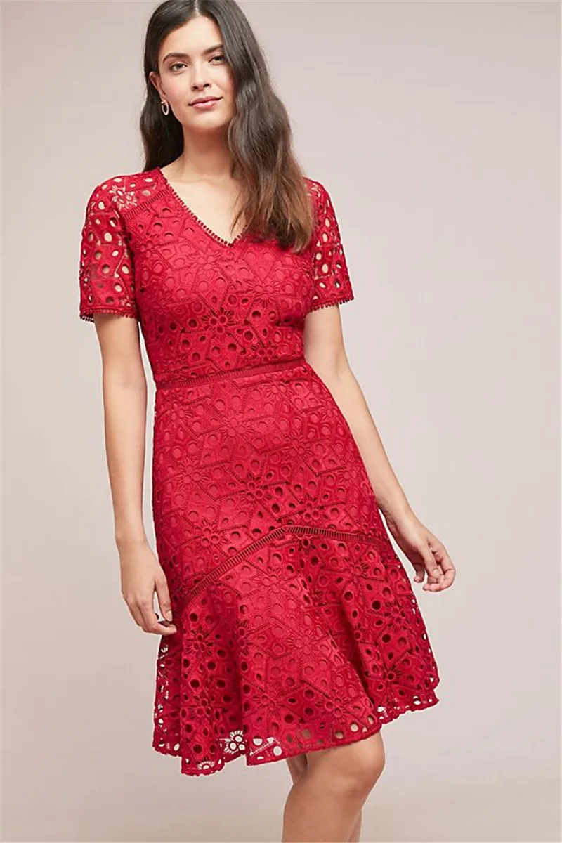

Fish Tail Lace Red Dress Self Portrait 2019 Summer Women's Hollow Out Sexy Flower Embroidered Party Dresses Vestidos Verano