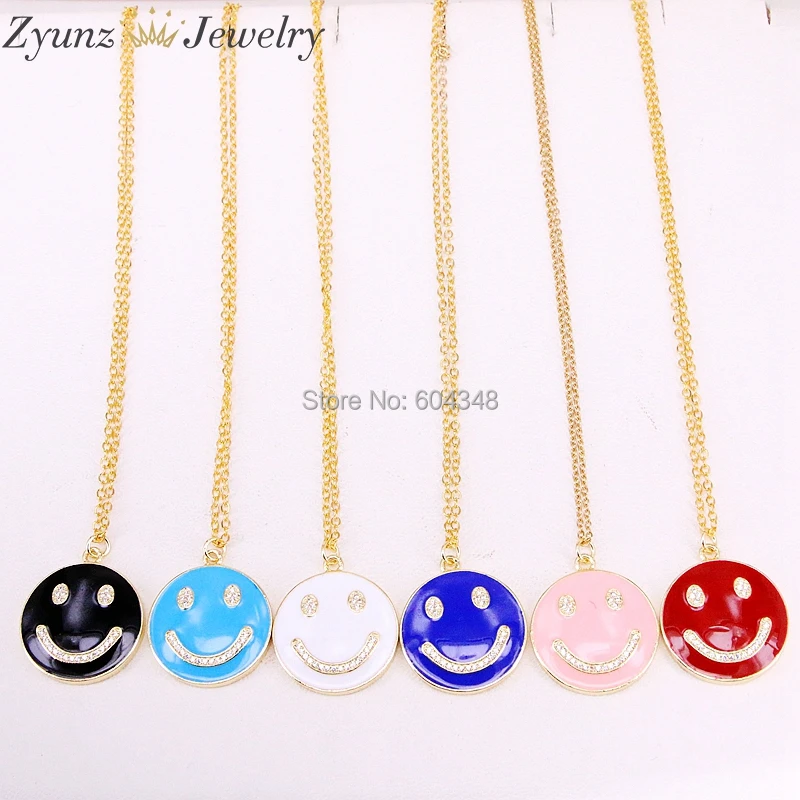 

5 Strands ZYZ328-2227 Happy face charm pendant necklace, smile face cz and enamel round pendant, in Mix colors