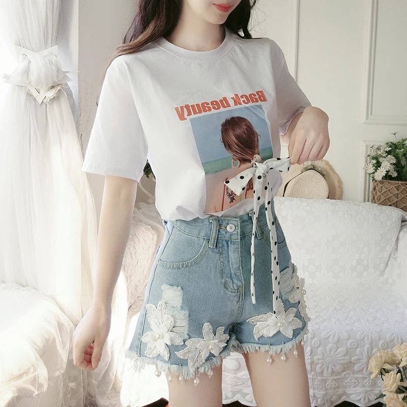 

XUXI 2019 Summer Wear Suit Western Style Girl France Niche Short Sleeve T Pity Jacket Cute Cowboy Shorts Twinset Woman FZ204