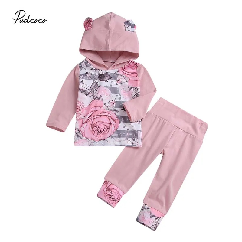 2019 Brand 2Pcs Newborn Kids Baby Girl Clothes Floral Cute 3D Ears Hooded Tops Pants Autumn Spring Tracksuit Outfits Clothes Set 2019 Brand 2Pcs Newborn Kids Baby Girl Clothes Floral Cute 3D Ears Hooded Tops Pants Autumn Spring Tracksuit Outfits Clothes Set