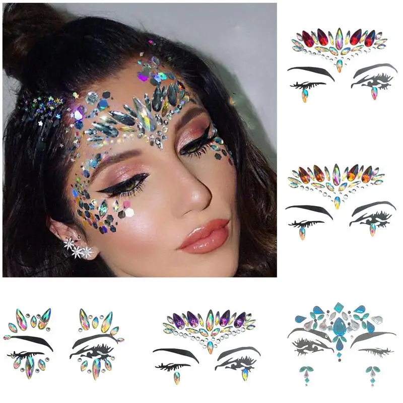 

Music Festival Face Diamond Sticker Eco-Friendly Resin Crystal Rhinestone Face Sticker Holiday Party Dance Eyebrows Face Adhesiv