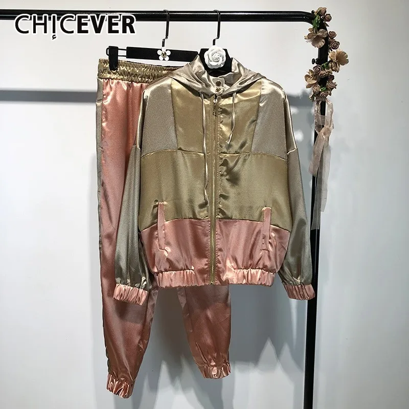 

CHICEVER Spring Casual Two Piece Set Hit Color Striped Hooded Zipper Jackets With Elastic Waist Pants Female Suits Women 2020