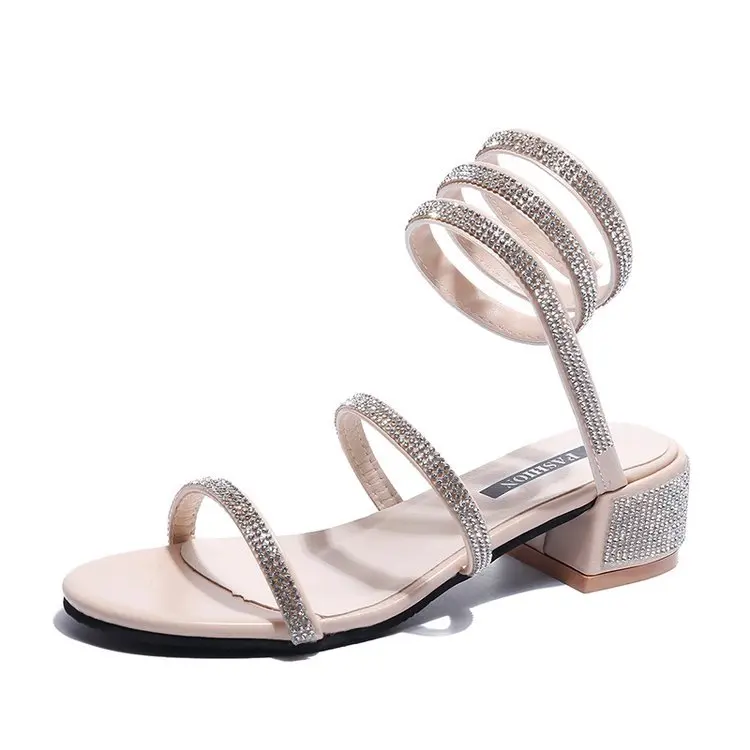 

2019 New Summer Women Sandals Crystal Sexy Ladies Thick Heel Winding Sandals Peep Toe Casual Rhinestone Shoes Sommerschuhe