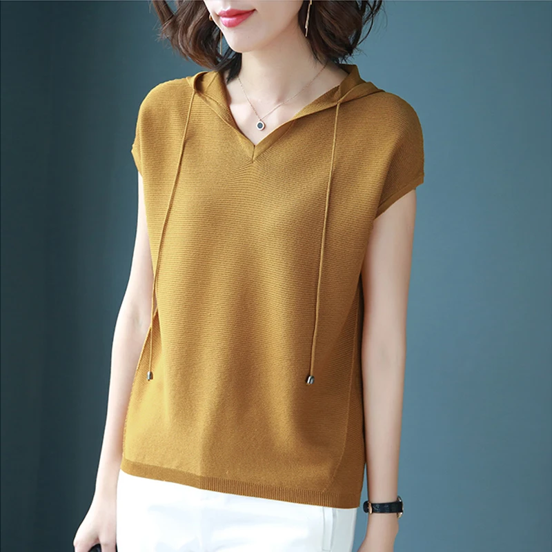 

2019 Summer Knitted Women T shirt Short Sleeve Hooded Tee Shirt Breathable Female Tshirt Solid Color Casual Vintage Thin Tops