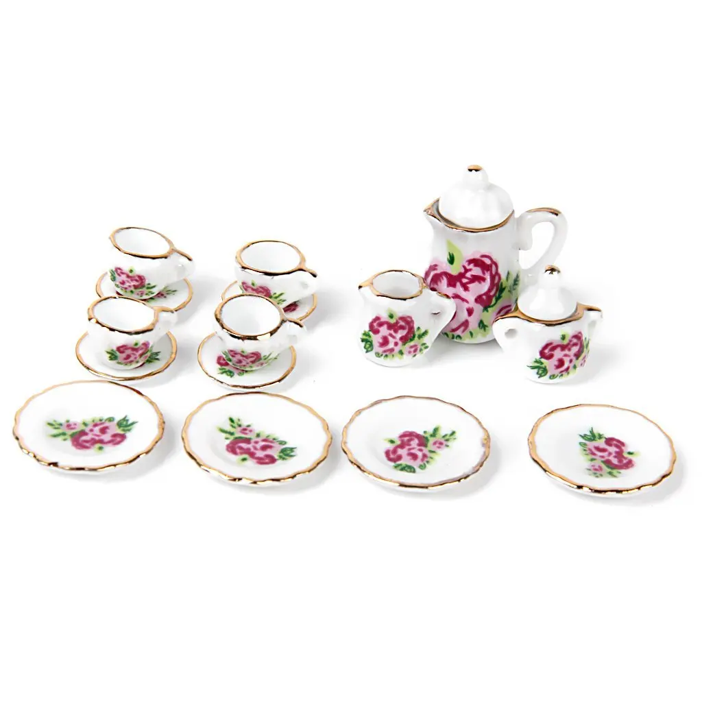 Горячая Распродажа 15 фарфоровый набор из… предметов чайный набор кукольный домик миниатюрные продукты китайская Роза блюда и чашка