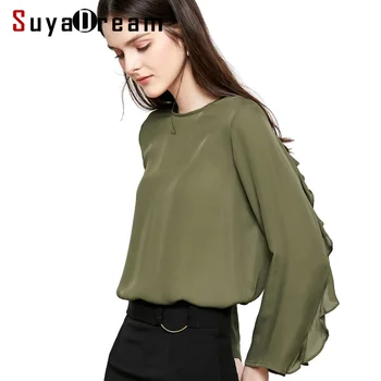 

Women Silk Blouse 100% REAL SILK CREPE Solid Blouses for Women O Neck Long Sleeved Shirt 2019 Spring New Office lady Blouses