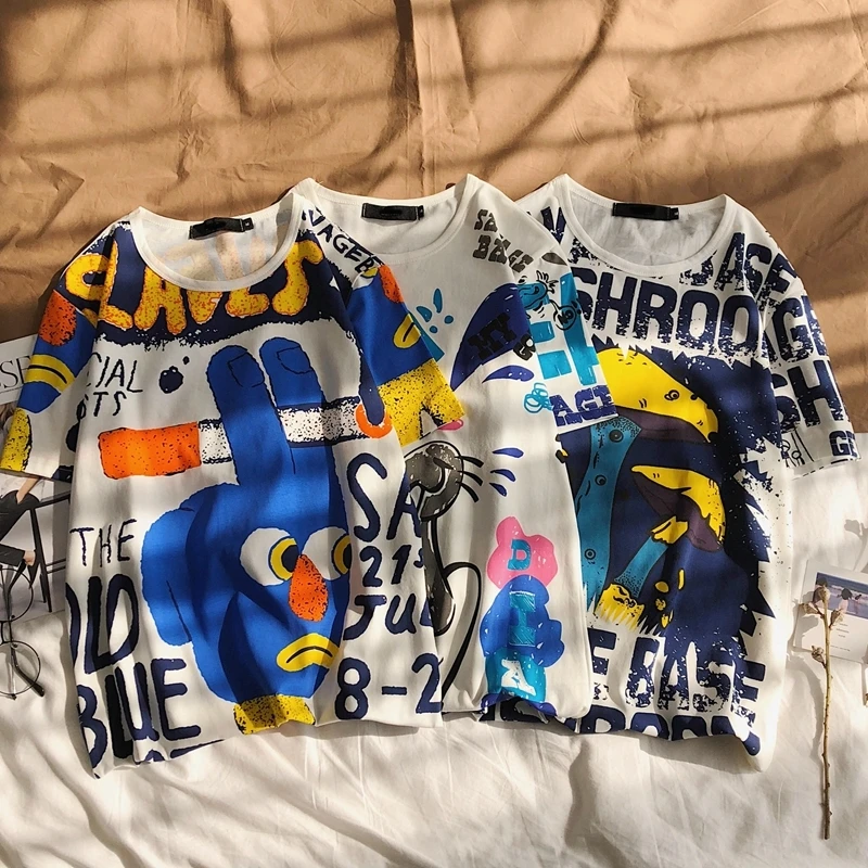 

Men's T-shirt 2019 Summer New Trends Couples Graffiti Short Sleeve Youth Pop Men's Slim Print T-Shirt Teen Casual Men's Wear