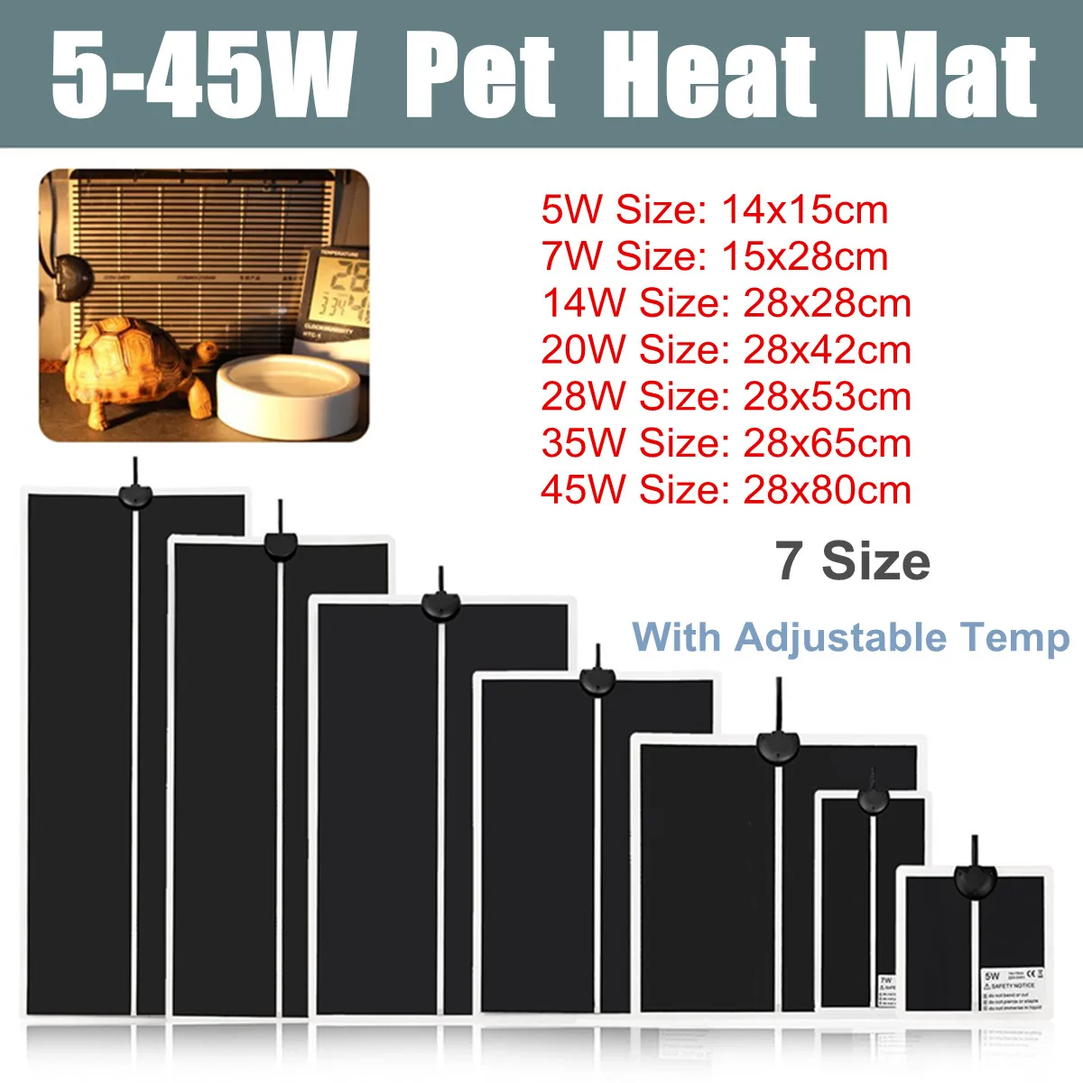 

5-45W Terrarium Reptiles Heat Mat Climbing Pet Heating Warm Pads Adjustable Temperature Controller Mats Reptiles Products Black