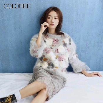 

High-end Korean Fashion Flower Sequined Gray Wool Sweater Women 2019 Embroidery Loose Casual Pullovers