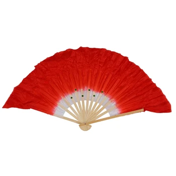 

Beige Bamboo Ribs Flutter Fabric Chinese Folk Dancing Hand Fan Red White