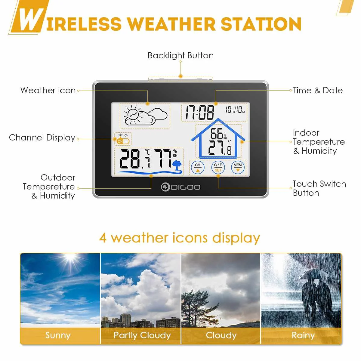 Digoo, DG-TH8380, цветной экран, метеостанция, термометр, гигрометр, измеритель, датчик погоды, для помещений и улицы, датчик, будильник