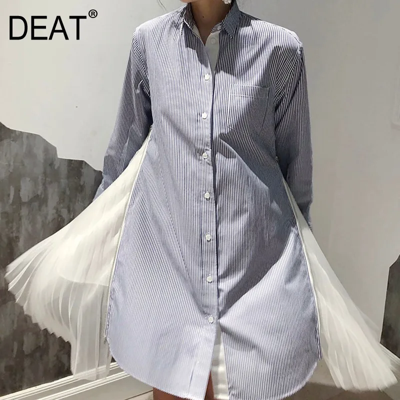 

[DEAT] 2019 New Spring Summer Lapel Long Sleeve Striped Spliced Mesh Pocket Single Breasted Side Open Shirt Women Fashion 10C402