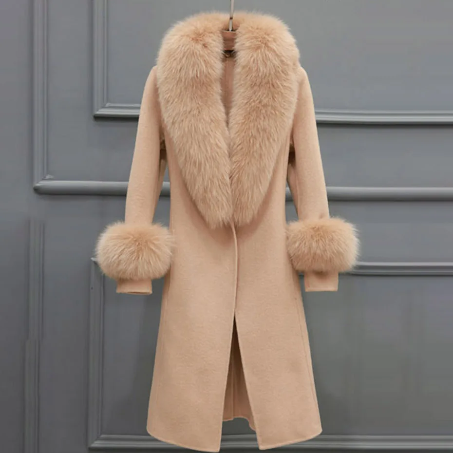 Women Wool Blends Coats Fur Collar Winter Fashion Belt Overcoat Office Ladies Elegant Luxury Gray Camel Coat Outwear Women Wool Blends Coats Fur Collar Winter Fashion Belt Overcoat Office Ladies Elegant Luxury Gray Camel Coat Outwear