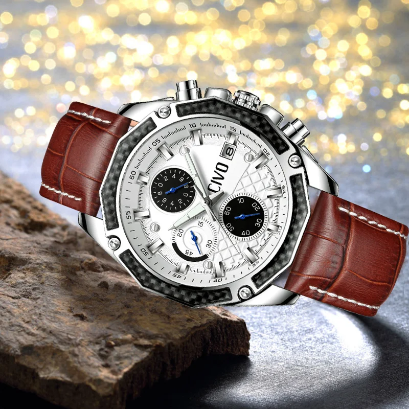 

CIVO Mens Watches 2019 New Fashion Waterproof Chronograph Calendar Clock Analogue Business Quartz Watch Genuine Leather Watch