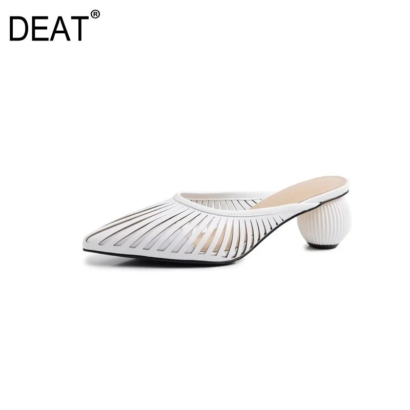 

[DEAT] 2019 New Spring Summer Personality Sharp Toe White Hollow Out Pu Leather High Heels Slippers Women Fashion Tide 10SJ016