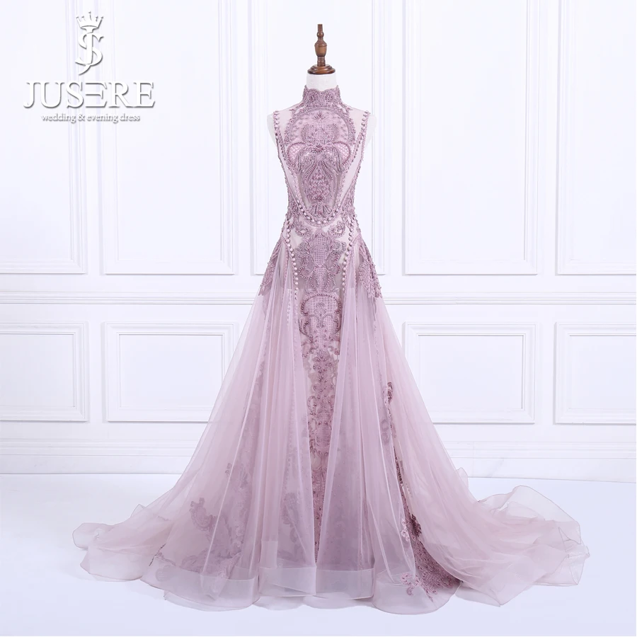 

Jusere New Elegant A-Line See Through High Neck Embroidered Pearls Illusion Floor-Length Evening Dresses Prom Party Gown
