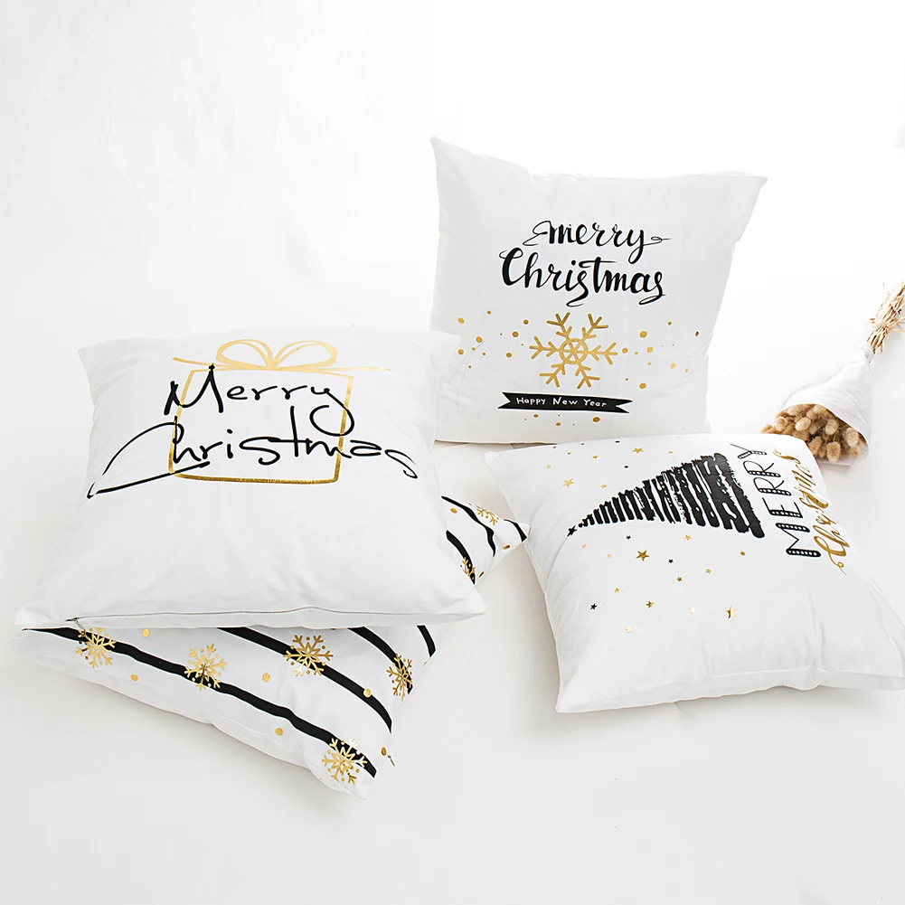 

Christmas Gold Letter Bronzing Snowflake Throw Pillow Case Sofa Cushion Cover