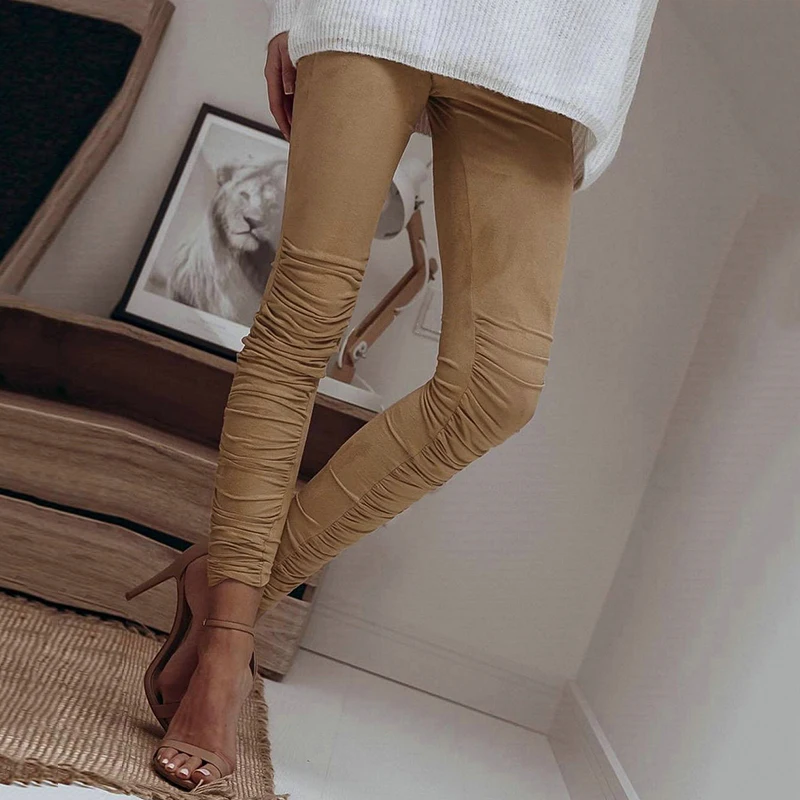

2019 Spring Joggers Pants Women Faux Faux Suede Solid Ruched Mid Elastic Waist Skinny Pencil Pants Sweatpants female trousers