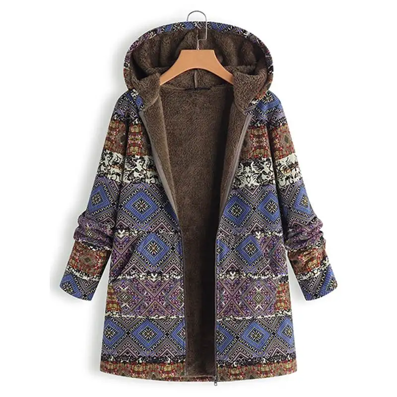 Ethnic Printed Women Jackets Fleece Coats Winter Warm Zipper Hooded ...