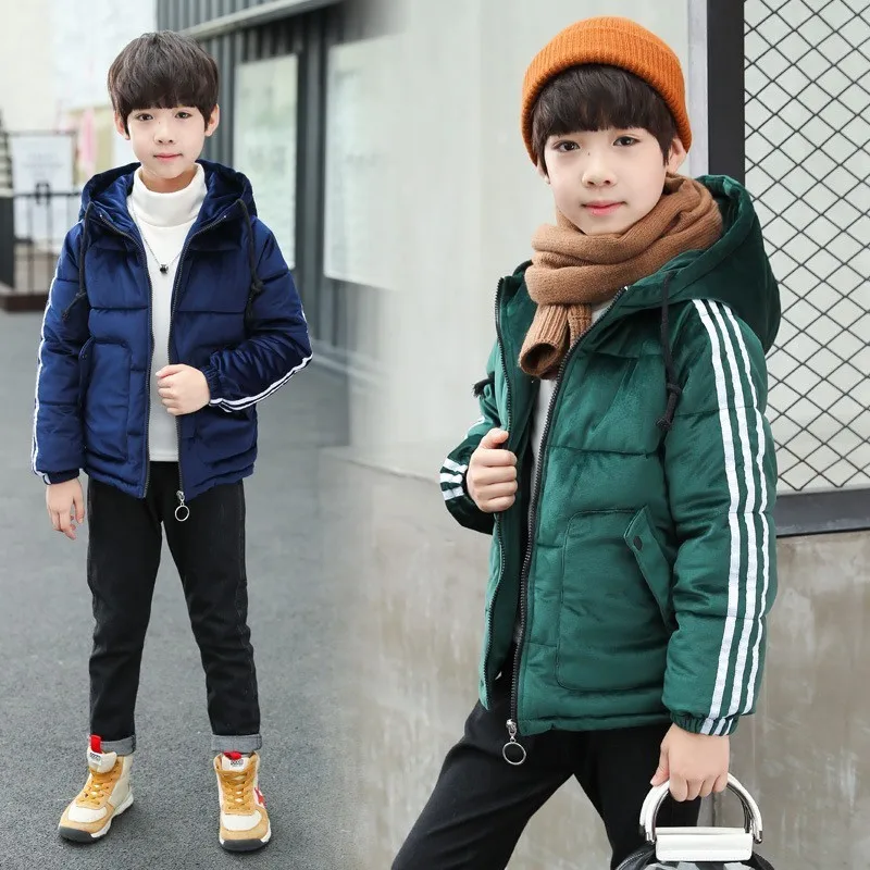 

New 2018 Winter Padded For Teenage Boys Thick Warm Velour Jacket With Hooded Parkas Kids Clothes Children Solid Cotton Coat Tops