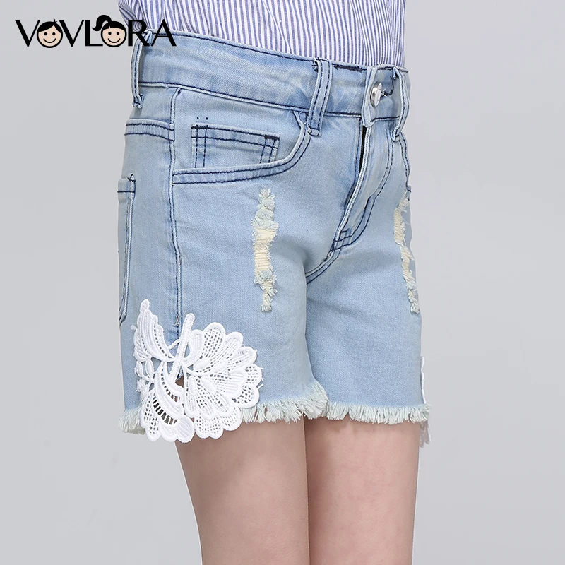 

Girls Hole Shorts Spliced Ripped Loose Kids Shorts Burr Floral Denim Mid Children Clothes Summer 2018 Size 7 8 9 10 11 12 Years