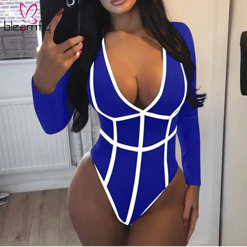 

Women Deep V Neck Striped Long Sleeve Bodysuits Casual Blue And White One Pieces Overalls Sexy Rompers Clothes For Autumn Winter